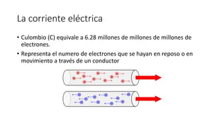 La corriente eléctrica
• Culombio (C) equivale a 6.28 millones de millones de millones de
electrones.
• Representa el numero de electrones que se hayan en reposo o en
movimiento a través de un conductor
 