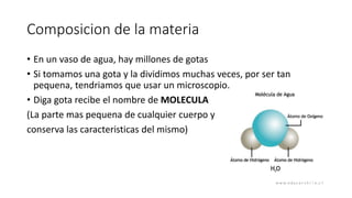Composicion de la materia
• En un vaso de agua, hay millones de gotas
• Si tomamos una gota y la dividimos muchas veces, por ser tan
pequena, tendriamos que usar un microscopio.
• Diga gota recibe el nombre de MOLECULA
(La parte mas pequena de cualquier cuerpo y
conserva las caracteristicas del mismo)
 