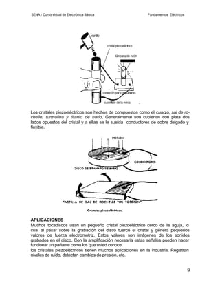 SENA - Curso virtual de Electrónica Básica                   Fundamentos Eléctricos




                                                        .

Los cristales piezoeléctricos son hechos de compuestos como el cuarzo, sal de ro-
chelle, turmalina y titanio de bario. Generalmente son cubiertos con plata dos
lados opuestos del cristal y a ellas se le suelda conductores de cobre delgado y
flexible.




APLICACIONES
Muchos tocadiscos usan un pequeño cristal piezoeléctrico cerco de la aguja, lo
cual al pasar sobre la grabación del disco tuerce el cristal y genera pequeños
valores de fuerza electromotriz. Estos valores son imágenes de los sonidos
grabados en el disco. Con la amplificación necesaria estas señales pueden hacer
funcionar un parlante como los que usted conoce.
los cristales piezoeléctricos tienen muchos aplicaciones en la industria. Registran
niveles de ruido, detectan cambios de presión, etc.


                                                                                      9
 