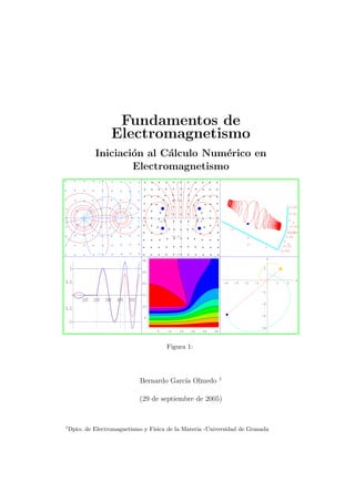Fundamentos de
Electromagnetismo
Iniciaci´on al C´alculo Num´erico en
Electromagnetismo
2 1 1 2
2
1
1
2
-1 -0.5 0.5 1
-1
-0.5
0.5
1
5 10 15 20 25 30
5
10
15
20
25
30
-1
0
1
z
-0.04
-0.02
0
0.02
0.04
x
-0.04
-0.02
0
0.02
0.04
y
-1
0
1
z
-
-
100 200 300 400 500
1
0.5
0.5
1
-4 -3 -2 -1 1 2
x
-8
-6
-4
-2
2
y
Figura 1:
Bernardo Garc´ıa Olmedo 1
(29 de septiembre de 2005)
1
Dpto. de Electromagnetismo y F´ısica de la Materia -Universidad de Granada
 