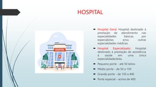 HOSPITAL
 Hospital Geral: Hospital destinado à
prestação de atendimento nas
especialidades básicas, por
especialistas e/ou outras
especialidades médicas.
 Hospital Especializado: Hospital
destinado à prestação de assistência
à saúde em uma única
especialidade/área.
 Pequeno porte - até 50 leitos
 Médio porte - de 50 a 150
 Grande porte - de 150 a 400
 Porte especial - acima de 400
 