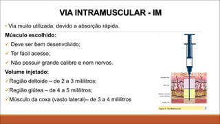 VIA INTRAMUSCULAR - IM
• Via muito utilizada, devido a absorção rápida.
Músculo escolhido:
ü Deve ser bem desenvolvido;
ü Ter fácil acesso;
ü Não possuir grande calibre e nem nervos.
Volume injetado:
üRegião deltoide – de 2 a 3 mililitros;
üRegião glútea – de 4 a 5 mililitros;
üMúsculo da coxa (vasto lateral)– de 3 a 4 mililitros
 
