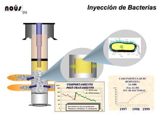 InyecciInyeccióónn dede BacteriasBacterias
CASO PARTICULAR DE
RESPUESTA
LLLL--646646
((YacYac. LL. LL--0505))
0
100
200
300
400
500
600
700
800
900
E M M J S N F A J A O D F
BNPD
1997 1998 1999
INY. DE BACTERIAS
0
50
100
150
200
250
0 5 10 15 20 25 30Meses
BPPD
BPPD antes
BPPD después
Incremento en tasa de producción
Mantiene o disminuye la declinaciónIncremento en tasa de producción
Mantiene o disminuye la declinación
COMPORTAMIENTO
POST-TRATAMIENTO
COMPORTAMIENTOCOMPORTAMIENTO
POSTPOST--TRATAMIENTOTRATAMIENTO
 