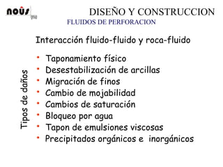 FLUIDOS DE PERFORACION
DISEÑO Y CONSTRUCCION
Interacción fluido-fluido y roca-fluido
• Taponamiento físico
• Desestabilización de arcillas
• Migración de finos
• Cambio de mojabilidad
• Cambios de saturación
• Bloqueo por agua
• Tapon de emulsiones viscosas
• Precipitados orgánicos e inorgánicos
Tiposdedaños
 