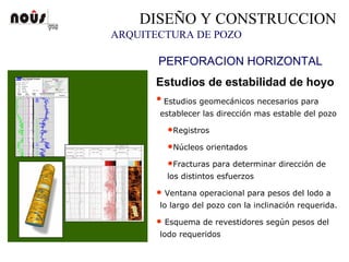 ARQUITECTURA DE POZO
DISEÑO Y CONSTRUCCION
PERFORACION HORIZONTAL
Estudios de estabilidad de hoyo
•Estudios geomecánicos necesarios para
establecer las dirección mas estable del pozo
•Registros
•Núcleos orientados
•Fracturas para determinar dirección de
los distintos esfuerzos
• Ventana operacional para pesos del lodo a
lo largo del pozo con la inclinación requerida.
• Esquema de revestidores según pesos del
lodo requeridos
 