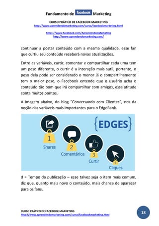 Fundamento de Marketing 
CURSO PRÁTICO DE FACEBOOK MARKETING 
http://www.aprendendomarketing.com/curso/facebookmarketing.html 
https://www.facebook.com/AprendendooMarketing 
http://www.aprendendomarketing.com/ 
CURSO PRÁTICO DE FACEBOOK MARKETING 
http://www.aprendendomarketing.com/curso/facebookmarketing.html 18 
continuar a postar conteúdo com a mesma qualidade, esse fan que curtiu seu conteúdo receberá novas atualizações. 
Entre as variáveis, curtir, comentar e compartilhar cada uma tem um peso diferente, o curtir é a interação mais sutil, portanto, o peso dela pode ser considerado o menor já o compartilhamento tem o maior peso, o Facebook entende que o usuário acha o conteúdo tão bom que irá compartilhar com amigos, essa atitude conta muitos pontos. 
A imagem abaixo, do blog “Conversando com Clientes”, nos da noção das variáveis mais importantes para o EdgeRank. 
d = Tempo da publicação – esse talvez seja o item mais comum, diz que, quanto mais novo o conteúdo, mais chance de aparecer para os fans.  