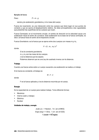 390390390390 PRINCIPIOS BÁSICOS DE FÍSICA ANEXO II
Ejemplos de fuerza
Peso: P = m . g
siendo g la aceleración gravitatoria y m la masa del cuerpo.
Fuerza de rozamiento: es una interacción entre los cuerpos que tiene lugar en sus puntos de
contacto y que se opone al desplazamiento relativo. Se debe principalmente a las rugosidades
que presentan las superficies de los cuerpos que rozan.
Fuerza Centrípeta: en el movimiento circular, el cambio de dirección en la velocidad causa una
aceleración hacia el centro de curvatura. Esta aceleración es la base de la fuerza centrípeta, es
decir, la fuerza hacia el centro de la trayectoria circular.
Fuerza Gravitatoria: es la fuerza que se ejerce entre dos cuerpos con masas m1y m2
F = G . m1 . m2 / x
2
donde
G es la constante gravitatoria.
m1 y m2 son las masa de los cuerpos.
x es la distancia que los separa.
Podemos observar que es una Ley de cuadrado inverso con la distancia.
TrabajoTrabajoTrabajoTrabajo
Cuando una fuerza actúa sobre un cuerpo causando una aceleración se realiza un trabajo.
Si la fuerza es constante, el trabajo es:
W = F . d
donde
F es la fuerza aplicada y d es la distancia recorrida por el cuerpo.
EnergíaEnergíaEnergíaEnergía
Es la capacidad de un cuerpo para realizar trabajo. Toma diferente formas:
Mecánica
Interna (calor y trabajo)
Eléctrica
Nuclear
Unidades de trabajo y energíaUnidades de trabajo y energíaUnidades de trabajo y energíaUnidades de trabajo y energía
Joule (J) = 1 Newton . 1m (en el MKS)
Ergio (erg) = 1 Dina . 1 cm (en el CGS)
1 Joule = 10
7
ergios
 