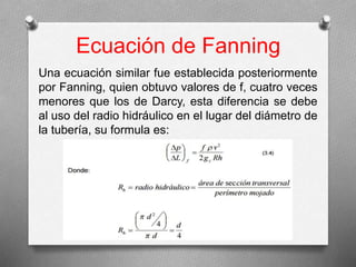 Ecuación de Fanning
Una ecuación similar fue establecida posteriormente
por Fanning, quien obtuvo valores de f, cuatro veces
menores que los de Darcy, esta diferencia se debe
al uso del radio hidráulico en el lugar del diámetro de
la tubería, su formula es:
 