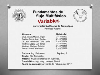 Fundamentos de
flujo Multifásico
Universidad Autónoma de Tamaulipas
Reynosa-Rodhe
Alumnos:
Cruz Jahuey Miguel Ángel
Cuellar García Juan Cecilio
De León Hernández Oziel Daniel
Martínez López Luis Jorge
Martínez Martínez Esteban
Serna López Karla María
Carrera: Ing. Petrolero. Equipo: 7
Grado: 6to. Semestre.
Materia: Flujo Multifásico en Tuberías.
Catedrático: Ing. Hugo Herrera Pilotzi.
Fecha de entrega: jueves 09 de Febrero del 2017.
Matrícula:
2143720190
2143720189
2143720164
2133710170
2143720165
2143720197
 