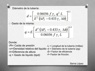 O Diámetro de la tubería:
O Gasto de la misma:
Donde:
-Pt= Caída de presión
-vr=Densidad relativa del liquido
-h=Diferencia de altura
-q = Gasto de liquido (bpd)
-L = Longitud de la tubería (millas)
-d = Diámetro de la tubería (pg)
-E= Factor de eficiencia
-f= Factor de fricción.
Serna López
 