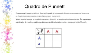 Quadro de Punnett
O quadro de Punnett, criado por Reginald Punnett, é uma espécie de diagrama que permite determinar
as frequências esperadas de um genótipo para um cruzamento.
Nele é possível separar os prováveis gametas e descobrir os genótipos dos descendentes. É a maneira m
ais simples de resolver problemas de mono e diibridismo ( primeira e a segunda Lei de Mendel).
 
