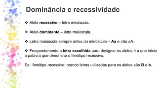 Dominância e recessividade
❖ Alelo recessivo – letra minúscula.
❖ Alelo dominante – letra maiúscula.
❖ Letra maiúscula sempre antes da minúscula – Aa e não aA.
❖ Frequentemente a letra escolhida para designar os alelos é a que inicia
a palavra que denomina o fenótipo recessivo.
Ex.: fenótipo recessivo: branco letras utilizadas para os alelos são B e b.
 