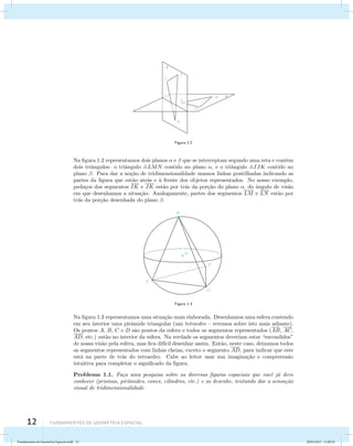 12 Fundamentos de geometria espacial 
Figura 1.2 
Na figura 1.2 representamos dois planos  e  que se interceptam segundo uma reta e contˆem 
dois triˆangulos: o triˆangulo LMN contido no plano , e o triˆangulo IJK contido no 
plano . Para dar a no¸c˜ao de tridimensionalidade usamos linhas pontilhadas indicando as 
partes da figura que est˜ao atr´as e `a frente dos objetos representados. No nosso exemplo, 
peda¸cos dos segmentos IK e JK est˜ao por tr´as da por¸c˜ao do plano , do ˆangulo de vis˜ao 
em que desenhamos a situa¸c˜ao. Analogamente, partes dos segmentos LM e LN est˜ao por 
tr´as da por¸c˜ao desenhada do plano . 
Figura 1.3 
Na figura 1.3 representamos uma situa¸c˜ao mais elaborada. Desenhamos uma esfera contendo 
em seu interior uma pirˆamide triangular (um tetraedro – veremos sobre isto mais adiante). 
Os pontos A, B, C e D s˜ao pontos da esfera e todos os segmentos representados (AB, AC, 
AD, etc.) est˜ao no interior da esfera. Na verdade os segmentos deveriam estar “escondidos” 
de nossa vis˜ao pela esfera, mas fica dif´ıcil desenhar assim. Ent˜ao, neste caso, deixamos todos 
os segmentos representados com linhas cheias, exceto o segmento AD, para indicar que este 
est´a na parte de tr´as do tetraedro. Cabe ao leitor usar sua imagina¸c˜ao e compreens˜ao 
intuitiva para completar o significado da figura. 
Problema 1.1. Fa¸ca uma pesquisa sobre as diversas figuras espaciais que vocˆe j´a deve 
conhecer (prismas, pirˆamides, cones, cilindros, etc.) e as desenhe, tentando dar a sensa¸c˜ao 
visual de tridimensionalidade. 
Fundamentos de Geometria Espacial.indd 12 28/01/2013 11:09:25 
 