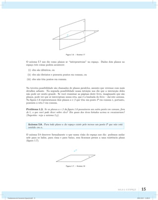 aula 1: O Espaço 15 
 
t 
P 
 
Figura 1.6: – Axioma I.7 
O axioma I.7 nos diz como planos se “interpenetram” no espa¸co. Dados dois planos no 
espa¸co trˆes coisas podem acontecer: 
(i) eles s˜ao idˆenticos, ou 
(ii) eles s˜ao distintos e possuem pontos em comum, ou 
(iii) eles n˜ao tˆem pontos em comum. 
Na terceira possibilidade s˜ao chamados de planos paralelos, assunto que veremos com mais 
detalhes adiante. Na segunda possibilidade nossa intui¸c˜ao nos diz que a interse¸c˜ao deles 
n˜ao pode ser muito grande. Se vocˆe examinar as p´aginas deste livro, imaginando que s˜ao 
planos, pode ver que se interceptam numa reta, que ´e a lombada do livro – da´ı este axioma. 
Na figura 1.6 representamos dois planos  e  que tˆem um ponto P em comum e, portanto, 
possuem a reta t em comum. 
Problema 1.2. Se os planos  e  da figura 1.6 possu´ıssem um outro ponto em comum, fora 
de t, o que vocˆe pode dizer sobre eles? Em quais dos itens listados acima se encaixariam? 
(Sugest˜ao: veja o axioma I.4). 
Axioma I.8. Para todo plano  do espa¸co existe pelo menos um ponto P que n˜ao est´a 
contido em . 
O axioma I.8 descreve formalmente o que nossa vis˜ao do espa¸co nos diz: podemos andar 
nele para os lados, para cima e para baixo, sem ficarmos presos a uma existˆencia plana 
(figura 1.7). 
Figura 1.7: – Axioma I.8 
Fundamentos de Geometria Espacial.indd 15 28/01/2013 11:09:25 
 