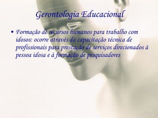 Gerontologia Educacional Formação de recursos humanos para trabalho com idosos: ocorre através da capacitação técnica de profissionais para prestação de serviços direcionados à pessoa idosa e à formação de pesquisadores 