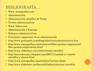 BIBLIOGRAFÍA… Www. monografias.com Administración Administración científica de Taylor Teorías administrativas Www. lafacu.com Administración y finanzas Enfoques administrativos Principales exponentes de la administración http://www.gestiopolis.com/dirgp/adm/teoriaadministrativa.htm http://www.monografias.com/trabajos53/libro-gestion-empresarial/libro-gestion-empresarial.shtml  http://www.slideshare.net/yelmita/teoria-cientifica http://mercadeocinco.blogspot.com/2007/11/unidad-n-1-teoria-cientifica-y-clasica.html http://www.monografias.com/trabajos7/act/act.shtml http://www.slideshare.net/karymb3/administracion-cientifica 