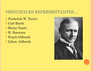PRINCIPALES REPRESENTANTES… Frederick W. Taylor Carl Barth Henry Gantt H. Emerson Frank Gilbreth Lilian  Gilbreth  