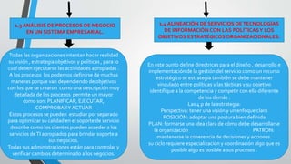 1.3 ANÁLISIS DE PROCESOS DE NEGOCIO 
EN UN SISTEMA EMPRESARIAL. 
1.4 ALINEACIÓN DE SERVICIOS DE TECNOLOGÍAS 
DE INFORMACIÓN CON LAS POLÍTICAS Y LOS 
OBJETIVOS ESTRATÉGICOS ORGANIZACIONALES. 
Todas las organizaciones intentan hacer realidad 
su visión , estrategia objetivos y políticas , para lo 
cual deben ejecutarse las actividades apropiadas . 
A los procesos los podemos definirse de muchas 
maneras porque van dependiendo de objetivos 
con los que se crearon como una descripción muy 
detallada de los procesos permite un mayor 
como son: PLANIFICAR, EJECUTAR, 
COMPROBAR Y ACTUAR 
Estos procesos se pueden estudiar por separado 
para optimizar su calidad en el soporte de servicio 
describe como los clientes pueden acceder a los 
servicios de TI apropiados para brindar soporte a 
sus negocios. 
Todas sus administraciones están para controlar y 
verificar cambios determinado a los negocios. 
En este punto define directrices para el diseño , desarrollo e 
implementación de la gestión del servicio como un recurso 
estratégico se estrategia también se debe mantener 
vinculado entre políticas y las tácticas y su objetivo 
identifique a la competencia y competir con ella diferente 
de los demás . 
Las 4 p de la estrategia: 
Perspectiva: tener una visión y un enfoque claro 
POSICIÓN: adoptar una postura bien definida 
PLAN: formarse una idea clara de cómo debe desarrollarse 
la organización PATRÓN: 
mantenerse la coherencia de decisiones y acciones. 
su ciclo requiere especialización y coordinación algo que es 
posible algo es posible a sus procesos . 
 