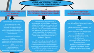UNIDAD 2 INFRAESTRUCTURA DE LA 
TECNOLOGÍA DE INFORMACIÓN. 
2.1- INFRAESTRUCTURA DE TI 
Y TECNOLOGÍAS 
EMERGENTES. 
2.2 EFICIENCIA Y TRANSFORMACIÓN DE 
LOS PROCESOS DE NEGOCIO A TRAVÉS 
DEL USO DE TI 
2.3-FUNDAMENTOS DE 
INTELIGENCIA DE NEGOCIOS. 
Componentes de la Infraestructura 
La infraestructura de TI está 
conformada por siete componentes 
principales los cuales constituyen 
inversiones que se deben coordinar 
entre si para dotar a la empresa de una 
infraestructura coherente. Dichos 
componentes son: 
• Plataformas de Hardware de 
Computo. 
• Plataformas de Software de Computo. 
• Aplicaciones de Software Empresarial. 
• Administración y almacenamiento de 
Datos. 
• Plataformas de Conectividad de Redes 
y Telecomunicaciones. 
• Plataformas de Internet. 
• Servicios de Consultoría e Integración 
La automatización de procesos y de TI 
persigue crear la “empresa ágil”. Mejora la 
calidad de las cadenas de proceso de una 
organización y la gobernabilidad de dichos 
procesos y de los sistemas de TI sobre los 
que se asientan. Se mejora así la eficacia, 
eficiencia y calidad de estos procesos, 
apoyando tres estrategias clave: intimidad 
con el cliente, liderazgo de productos y 
excelencia operativa. 
_La definición y desarrollo de los SI debe 
realizarse de modo coherente y unido al 
cuestionamiento de las tareas existentes y 
redefinición de los procesos. La introducción 
de las TIC debe impulsar necesariamente 
este rediseño de los procesos. 
_con la inteligencia de negocios se 
puede: 
_generar reportes globales o por 
secciones 
_crear escenario con respectos a 
una decisión 
_hacer pronósticos de ventas y 
devoluciones 
_compartir información entre 
departamentos 
_análisis multidimensionales 
_generar y procesar datos 
_mejorar el servicio al cliente 
 