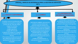 UNIDAD5_ MARCOS DE REFERENCIA PARA LA GESTIÓN DE SERVICIOS 
DE TI. 
5.1.1-RIESGO Y CONFORMIDAD 5.1.2-CAMBIOS 
5.1.3-INFORMACION Y 
BALANCE DE TECNOLOGÍA 
-Se define como la incertidumbre del 
resultado ya sea positivo o negativo 
_Existen los sig. Tipos de riesgos: 
-riesgos d e contrato 
-riesgos de diseño 
-riesgos operativos 
-riesgos del mercado 
La gestión de riesgos es un aspecto 
fundamental para la gestión del 
servicio 
-ITI se centra en brindar servicios de 
alta calidad para lograr la máxima 
satisfacción del cliente a un costo 
manejable. 
_GESTOR DE CAMBIOS: administra los 
cambios y los documentos que 
autorizan todos los cambios en la 
infraestructura de TI y sus componentes 
_JUNTAS CONSULTIVAS DE CAMBIOS: 
es un grupo de personas que asesora al 
gerente de cambio en la evaluación 
_PROPIETARIO DEL CAMBIO: la 
persona que respalda un cambio y la 
negociación de un presupuesto para su 
aplicación 
_CAMBIO DE EMERGENCIA: un 
subconjunto de la junta directiva de 
cambio. 
TECNOL0GIA: en esta parte de 
tecnología de información está enfocada 
a la recopilación de información para 
encontrar y solucionar la mala seguridad. 
4P`S: 
INNOVACIÓN DE PRODUCTO: porque 
voy a aplicar cambios en el servicio de la 
organización. 
INNOVACIÓN DE PROCESO: pues habrá 
cambio en las maneras que se crearon los 
procesos. 
PROCESOS DE LA INNOVACIÓN: se 
ubica en una mejora para la empresa en 
el sentido que se minimizaran errores. 
INNOVACIÓN DE PARADIGMA: Por los 
malos modelos que enmarcan la 
organización que genere pérdida 
económica. 
 