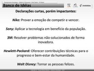 Banco de Idéias
Declarações curtas, porém impactantes:
Nike: Prover a emoção de competir e vencer.
Sony: Aplicar a tecnologia em benefício da população.
3M: Resolver problemas não-solucionados de forma
inovadora.
Hewlett-Packard: Oferecer contribuições técnicas para o
progresso e bem-estar da humanidade.
Walt Disney: Tornar as pessoas felizes.

 