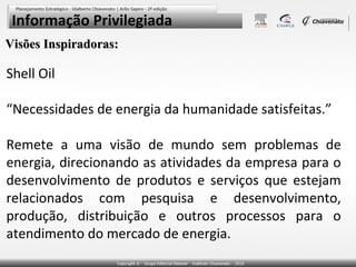 Informação Privilegiada
Visões Inspiradoras:

Shell Oil
“Necessidades de energia da humanidade satisfeitas.”
Remete a uma visão de mundo sem problemas de
energia, direcionando as atividades da empresa para o
desenvolvimento de produtos e serviços que estejam
relacionados com pesquisa e desenvolvimento,
produção, distribuição e outros processos para o
atendimento do mercado de energia.

 