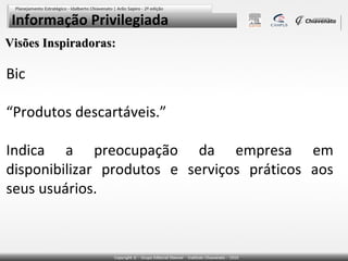 Informação Privilegiada
Visões Inspiradoras:

Bic
“Produtos descartáveis.”
Indica a preocupação da empresa em
disponibilizar produtos e serviços práticos aos
seus usuários.

 