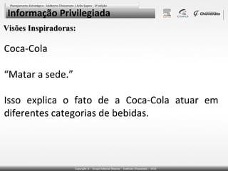 Informação Privilegiada
Visões Inspiradoras:

Coca-Cola
“Matar a sede.”
Isso explica o fato de a Coca-Cola atuar em
diferentes categorias de bebidas.

 