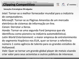 Clipping Competitivo
Intenções Estratégicas Divulgadas

Intel: Tornar-se o melhor fornecedor mundial para a indústria
de computadores.
Microsoft: Tornar-se as Páginas Amarelas de um mercado
eletrônico de sistemas de informação on-line.
Canon: Derrotar a Xerox.
Honda: Tornar-se uma segunda Ford (empresa que ela
identificou como pioneira na indústria automobilística).
Latin World Entertainment: a maior empresa de entretenimento
do segmento hispânico nos EUA, quer se tornar a referência
número 1 como agência de talento para os grandes estúdios de
Hollywood.
Vale: Quer se tornar um grande global player de metais visando
criar valor para seus acionistas e outros públicos de interesse.

 