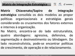 Matriz de Integração Estratégica

Matriz
Chiavenato/Sapiro
de
integração
estratégica consolida os dois modelos ao propor
políticas organizacionais e estratégias gerais
considerando os cruzamentos dos fatores externos
e internos à organização.
Na Matriz, encontra-se do lado estruturalista,
quatro abordagens: agressiva, defensiva, de
segmentação e desinvestimento ou blindagem. Do
lado reconstrutivista, pode-se encontrar políticas
de crescimento, de operação e de relacionamento.

 