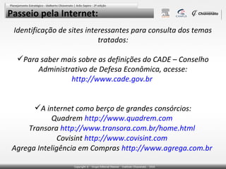 Passeio pela Internet:
Identificação de sites interessantes para consulta dos temas
tratados:
Para saber mais sobre as definições do CADE – Conselho
Administrativo de Defesa Econômica, acesse:
http://www.cade.gov.br
A internet como berço de grandes consórcios:
Quadrem http://www.quadrem.com
Transora http://www.transora.com.br/home.html
Covisint http://www.covisint.com
Agrega Inteligência em Compras http://www.agrega.com.br

 