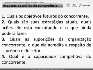 Aspectos da análise de concorrência:

1. Quais os objetivos futuros do concorrente.
2. Quais são suas estratégias atuais, quais
ações ele está executando e o que ainda
poderá fazer.
3. Quais as suposições da organização
concorrente, o que ela acredita a respeito de
si própria e do setor.
4. Qual é a capacidade competitiva do
concorrente.

 