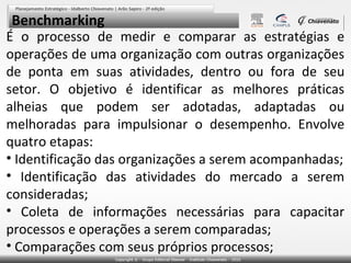 Benchmarking

É o processo de medir e comparar as estratégias e
operações de uma organização com outras organizações
de ponta em suas atividades, dentro ou fora de seu
setor. O objetivo é identificar as melhores práticas
alheias que podem ser adotadas, adaptadas ou
melhoradas para impulsionar o desempenho. Envolve
quatro etapas:
• Identificação das organizações a serem acompanhadas;
• Identificação das atividades do mercado a serem
consideradas;
• Coleta de informações necessárias para capacitar
processos e operações a serem comparadas;
• Comparações com seus próprios processos;

 