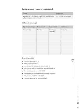 87
	Capítulo4-RoteirodeAtividades
Publicar, promover e manter as estratégias de TI
Passos Documentar
11 Apresentar o plano para a alta direção da organização
11 Elaborar plano de comunicação
8.1.	 Plano de comunicação
8.1 Plano de comunicação
Tipo de comunicação Meio utilizado Periodicidade Público-alvo
Apresentação Reunião Sempre que
necessário
Executivos
O que foi aprendido
q11 Conceitos básicos da ITIL v3
11 Definição de serviço de TI
11 Entendimento do ciclo de vida de serviços de TI
11 Aplicação da ITIL v3 na implantação da Governança de TI
11 Conceitos básicos da norma ISO 20000
11 Entendimento da estrutura e dos processos da ISO 20000
11 Relação entre CobiT, ITIL e ISO 20000
11 Conceitos básicos da ISO 38500 e do Val IT
 