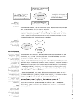 3
	Capítulo1-FundamentosdaGovernançadeTI
Governança
de TI
O ambiente de uma organização
se apoia na tecnologia
Os negócios das organizações
estão sempre em transformação
A governança de TI ganha força no
atual cenário de competitividade
do mundo dos negócios
A TI é uma área com enorme
quantidade de recursos,
linguagem própria, de difícil
entendimento pela organização
Internamente, a Governança de TI visa designar os direitos de decisão nas questões de real
valor, com a finalidade de atingir os objetivos de negócio.
Considerada por muitos como uma espécie de caixa-preta, a área de TI tem suas ações pouco
conhecidas dentro das organizações. Na maioria delas não existe alinhamento das estraté-
gias de TI com as estratégias de negócio. É uma área com enorme quantidade de recursos,
linguagem própria, de difícil entendimento pela organização.
Governança
de TI
Objetivos
de TI
Objetivos
de negócio
Uma Governança de TI adequada é necessária para o conhecimento mais amplo dos obje-
tivos do setor de TI. As novas práticas de governança possibilitam que a área de TI esteja
adequada à estratégia de negócios das organizações.
No Brasil, esse é um movimento que começou com as filiais das empresas estrangeiras, ten-
dendo a se ampliar para empresas de todos os portes. A Administração Pública Federal esta-
belece documentos de referência para a implantação da Governança de TI em seus órgãos.
A Instrução Normativa nº 4 é o documento de referência que dispõe sobre o processo de
contratação de serviços de Tecnologia da Informação pela Administração Pública Federal
(APF) direta, indireta, autárquica e fundacional.
O Modelo de Referência de Plano Diretor de Tecnologia da Informação (PDTI) é um docu-
mento que apresenta um modelo para auxiliar a construção do PDTI, contendo informações
para aprimorar a gestão de TI nos órgão da Administração Pública Federal.
Motivadores para a implantação da Governança de TI
Muitos são os motivadores para a implantação da Governança de TI. A tabela abaixo
apresenta os principais motivadores nas organizações que direcionam a implantação da
Governança de TI:
Figura 1.3
Governança de TI
e ambiente
de negócios.
Figura 1.4
Alinhamento dos
objetivos de negó-
cio e de TI por meio
da Governança
de TI.
Instrução Normativa
A IN é um ato
administrativo, no qual o
administrador, na sua
competência, e no limite
da lei e da Constituição,
explica ou instrui os
seus subordinados
diretos sobre os
procedimentos de
aplicação de uma lei.
Uma IN não pode
substituir os pareceres
jurídicos das entidades
autônomas, tratando-se
de orientação nos
limites daquele ente ou
esfera administrativa.
Logo, uma IN da
administração direta se
aplica no âmbito
daquele órgão ou Poder,
conforme a autoridade
que a emite.
PDTI
Utilizado nas
organizações para
direcionar as ações
de TI em um período
determinado, devendo
ser revisado em
períodos de um ano,
no máximo.
 