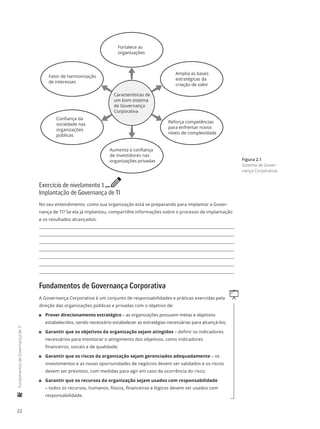 22
	FundamentosdeGovernançadeTI
Fortalece as
organizações
Amplia as bases
estratégicas da
criação de valor
Reforça competências
para enfrentar novos
níveis de complexidade
Aumenta a conﬁança
de investidores nas
organizações privadas
Conﬁança da
sociedade nas
organizações
públicas
Fator de harmonização
de interesses
Características de
um bom sistema
de Governança
Corporativa
Exercício de nivelamento 1 e
Implantação de Governança de TI
No seu entendimento, como sua organização está se preparando para implantar a Gover-
nança de TI? Se ela já implantou, compartilhe informações sobre o processo de implantação
e os resultados alcançados.
Fundamentos de Governança Corporativa
qA Governança Corporativa é um conjunto de responsabilidades e práticas exercidas pela
direção das organizações públicas e privadas com o objetivo de:
11 Prover direcionamento estratégico – as organizações possuem metas e objetivos
estabelecidos, sendo necessário estabelecer as estratégias necessárias para alcançá-los;
11 Garantir que os objetivos da organização sejam atingidos – definir os indicadores
necessários para monitorar o atingimento dos objetivos, como indicadores
financeiros, sociais e de qualidade;
11 Garantir que os riscos da organização sejam gerenciados adequadamente – os
investimentos e as novas oportunidades de negócios devem ser validados e os riscos
devem ser previstos, com medidas para agir em caso da ocorrência do risco;
11 Garantir que os recursos da organização sejam usados com responsabilidade
– todos os recursos, humanos, físicos, financeiros e lógicos devem ser usados com
responsabilidade.
Figura 2.1
Sistema de Gover-
nança Corporativa.
 