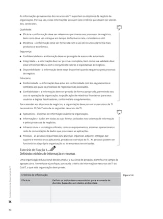 40
	FundamentosdeGovernançadeTI
As informações provenientes dos recursos de TI suportam os objetivos de negócio da
organização. Por sua vez, estas informações possuem sete critérios que devem ser atendi-
dos, sendo eles:
qQualidade:
11 Eficácia – a informação deve ser relevante e pertinente aos processos de negócios,
bem como deve ser entregue em tempo, de forma correta, consistente e útil.
11 Eficiência – a informação deve ser fornecida com o uso de recursos da forma mais
produtiva e econômica.
Segurança:
11 Confidencialidade – a informação deve ser protegida de acesso não autorizado.
11 Integridade – a informação deve ser precisa e completa, bem como sua validade deve
estar em concordância com o conjunto de valores e expectativas do negócio.
11 Disponibilidade – a informação deve estar disponível quando requerida pelo processo
de negócio.
Fiduciário:
11 Conformidade – a informação deve estar em conformidade com leis, regulamentos e
contratos aos quais os processos de negócios estão associados.
11 Confiabilidade – a informação deve ser provida de forma apropriada, permitindo seu
uso na operação da organização, na publicação de relatórios financeiros para seus
usuários e órgãos fiscalizadores, conforme leis e regulamentos.
Para atender aos objetivos de negócios, a organização deve possuir os recursos de TI
necessários. O CobiT aborda os seguintes recursos de TI:
q11 Aplicativos – sistemas de informação usados na organização.
11 Informações – dados em todas as suas formas utilizados nos sistemas de informação
e pelos processos de negócios.
11 Infraestrutura – tecnologia utilizada, como os equipamentos, sistemas operacionais e
rede de comunicação de dados que processam as aplicações.
11 Pessoas – as pessoas requeridas para planejar, organizar, adquirir, entregar, dar
suporte e monitorar os aplicativos, processos e serviços de TI. As pessoas podem ser
funcionários da própria organização ou de empresas terceirizadas.
Exercício de fixação 1 e
Definindo critérios de informação e recursos
Uma organização educacional decide ampliar a sua área de pesquisa científica no campo da
agropecuária. Identifique e justifique, para cada critério de informação e recursos de TI do
CobiT, o que esta organização deve prever.
Critérios de informação
Eficácia Definir os indicadores necessários para a tomada de
decisão, baseados em dados ambientais.
Figura 3.4
 
