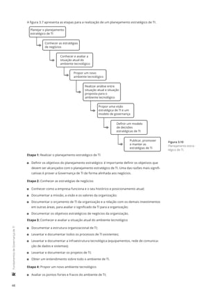 48
	FundamentosdeGovernançadeTI
A figura 3.7 apresenta as etapas para a realização de um planejamento estratégico de TI.
Planejar o planejamento
estratégico de TI
Conhecer as estratégias
de negócios
Conhecer e avaliar a
situação atual do
ambiente tecnológico
Propor um novo
ambiente tecnológico
Realizar análise entre
situação atual e situação
proposta para o
ambiente tecnológico
Propor uma visão
estratégica de TI e um
modelo de governança
Deﬁnir um modelo
de decisões
estratégicas de TI
Publicar, promover
e manter as
estratégias de TI
Etapa 1: Realizar o planejamento estratégico de TI
11 Definir os objetivos do planejamento estratégico: é importante definir os objetivos que
devem ser alcançados com o planejamento estratégico de TI. Uma das razões mais signifi-
cativas é prover a Governança de TI de forma alinhada aos negócios.
Etapa 2: Conhecer as estratégias de negócios
11 Conhecer como a empresa funciona e o seu histórico e posicionamento atual;
11 Documentar a missão, a visão e os valores da organização;
11 Documentar o orçamento de TI da organização e a relação com os demais investimentos
em outras áreas, para avaliar o significado da TI para a organização;
11 Documentar os objetivos estratégicos de negócios da organização.
Etapa 3: Conhecer e avaliar a situação atual do ambiente tecnológico
11 Documentar a estrutura organizacional de TI;
11 Levantar e documentar todos os processos de TI existentes;
11 Levantar e documentar a infraestrutura tecnológica (equipamentos, rede de comunica-
ção de dados e sistemas);
11 Levantar e documentar os projetos de TI;
11 Obter um entendimento sobre todo o ambiente de TI.
Etapa 4: Propor um novo ambiente tecnológico
11 Avaliar os pontos fortes e fracos do ambiente de TI;
Figura 3.10
Planejamento estra-
tégico de TI.
 
