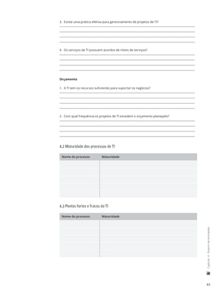 83
	Capítulo4-RoteirodeAtividades
3.	 Existe uma prática efetiva para gerenciamento de projetos de TI?
4.	 Os serviços de TI possuem acordos de níveis de serviços?
Orçamento
1.	 A TI tem os recursos suficientes para suportar os negócios?
2.	 Com qual frequência os projetos de TI excedem o orçamento planejado?
4.2 Maturidade dos processos de TI
Nome do processo Maturidade
4.3 Pontos fortes e fracos da TI
Nome do processo Maturidade
 
