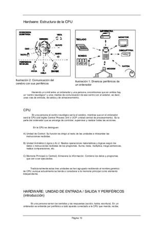 Hardware: Estructura de la CPU




Ilustración 2: Comunicación del                          Ilustración 1: Divers os periféricos de
cerebro con sus periféricos                              un ordenador

               Haciendo un s ímil entre un ordenador y una persona, encontramos que en ambos hay
      un “centro neurálgico” y unos medios de comunicación de ese centro con el exterior, es decir,
      unas v ías de entrada, de salida y de almacenamiento.




      CPU
               En una persona el centro neurálgico ser ía el cerebro, mientras que en el ordenador
      será la CPU (del inglés Central Process Unit o UCP: unidad central de procesamiento). Es la
      parte del ordenador que se encarga de controlar, supervisar y realizar todas las acciones.


               En la CPU se distinguen:

      A) Unidad de Control: Su función es dirigir al resto de las unidades e interpretar las
         instrucciones recibidas.


      B) Unidad Aritmético Lógica o ALU: Realiza operac iones matemáticas y lógicas según los
         datos o instrucciones recibidas de los programas. Suma, resta, multiplica, niega sentencias,
         realiza comparaciones, etc.


      C) Memoria Principal (o Central); Almacena la infor mación. Contiene los datos y programas
         que van a ser ejecutados.



           Tradicionalmente estas tres unidades se han agr upado recibiendo el nombre genérico
     de CPU, aunque actualmente se tiende a considerar a la memoria principal como elemento
     independiente.




      HARDWARE: UNIDAD DE ENTRADA / SALIDA Y PERIFÉRICOS
      (introducción)

            En una persona ser ían los sentidos y las respuestas (acción, habla, escritura). En un
      ordenador se entiende por periférico a todo aparato conectado a la CPU que manda, rec ibe,




                                                      Página 10
 