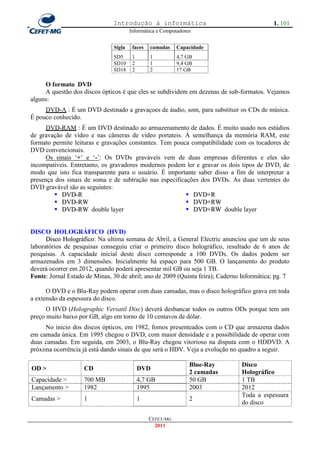 Introdução à informática                                     1. 101
                                       Informática e Computadores


                               Sigla    faces   camadas    Capacidade
                               SD5      1       1          4,7 GB
                               SD10     2       1          9,4 GB
                               SD18     2       2          17 GB

     O formato DVD
     A questão dos discos ópticos é que eles se subdividem em dezenas de sub-formatos. Vejamos
alguns:
     DVD-A : É um DVD destinado a gravaçoes de áudio, som, para substituir os CDs de música.
É pouco conhecido.
      DVD-RAM : É um DVD destinado ao armazenamento de dados. É muito usado nos estúdios
de gravação de vídeo e nas câmeras de vídeo portateis. À semelhança da memória RAM, este
formato permite leituras e gravações constantes. Tem pouca compatibilidade com os tocadores de
DVD convencionais.
      Os sinais ‗+‘ e ‗-‘: Os DVDs graváveis vem de duas empresas diferentes e eles são
incompatíveis. Entretanto, os gravadores modernos podem ler e gravar os dois tipos de DVD, de
modo que isto fica transparente para o usuário. É importante saber disso a fim de interpretar a
presença dos sinais de soma e de subtração nas especificações dos DVDs. As duas vertentes do
DVD gravável são as seguintes:
          DVD-R                                          DVD+R
          DVD-RW                                         DVD+RW
          DVD-RW double layer                            DVD+RW double layer


DISCO HOLOGRÁFICO (HVD)
      Disco Holográfico: Na ultima semana de Abril, a General Electric anunciou que um de seus
laboratórios de pesquisas conseguiu criar o primeiro disco holográfico, resultado de 6 anos de
pesquisas. A capacidade inicial deste disco corresponde a 100 DVDs. Os dados podem ser
armazenados em 3 dimensões. Inicialmente há espaço para 500 GB. O lançamento do produto
deverá ocorrer em 2012, quando poderá apresentar mil GB ou seja 1 TB.
Fonte: Jornal Estado de Minas, 30 de abril; ano de 2009 (Quinta feira); Caderno Informática; pg. 7

      O DVD e o Blu-Ray podem operar com duas camadas, mas o disco holográfico grava em toda
a extensão da espessura do disco.
      O HVD (Holographic Versatil Disc) deverá desbancar todos os outros ODs porque tem um
preço muito baixo por GB, algo em torno de 10 centavos de dólar.
     No inicio dos discos ópticos, em 1982, fomos presenteados com o CD que armazena dados
em camada única. Em 1995 chegou o DVD, com maior densidade e a possibilidade de operar com
duas camadas. Em seguida, em 2003, o Blu-Ray chegou vitorioso na disputa com o HDDVD. A
próxima ocorrência já está dando sinais de que será o HDV. Veja a evolução no quadro a seguir.

                                                                Blue-Ray       Disco
OD >                CD                      DVD
                                                                2 camadas      Holográfico
Capacidade >        700 MB                  4,7 GB              50 GB          1 TB
Lançamento >        1982                    1995                2003           2012
                                                                               Toda a espessura
Camadas >           1                       1                   2
                                                                               do disco

                                                CEFET-MG
                                                  2011
 