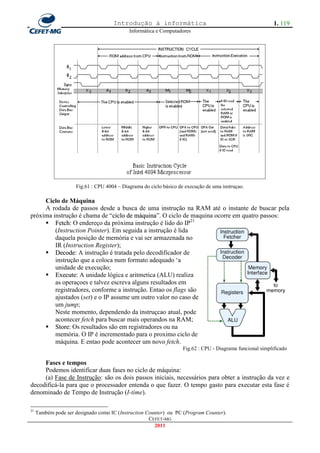 Introdução à informática                                               1. 119
                                             Informática e Computadores




                      Fig.61 : CPU 4004 – Diagrama do ciclo básico de execução de uma instruçao.

     Ciclo de Máquina
     A rodada de passos desde a busca de uma instrução na RAM até o instante de buscar pela
próxima instrução é chama de ―ciclo de máquina‖. O ciclo de maquina ocorre em quatro passos:
                                 c
      Fetch: O endereço da próxima instrução é lido do IP21
         (Instruction Pointer). Em seguida a instrução é lida
         daquela posição de memória e vai ser armazenada no
         IR (Instruction Register);
      Decode: A instrução é tratada pelo decodificador de
         instrução que a coloca num formato adequado ‗a
         unidade de execução;
      Execute: A unidade lógica e aritmetica (ALU) realiza
         as operaçoes e talvez escreva alguns resultados em
         registradores, conforme a instrução. Entao os flags são
         ajustados (set) e o IP assume um outro valor no caso de
         um jump;
         Neste momento, dependendo da instruçcao atual, pode
         acontecer fetch para buscar mais operandos na RAM;
      Store: Os resultados são em registradores ou na
         memória. O IP é incrementado para o proximo ciclo de
         máquina. E entao pode acontecer um novo fetch.
                                                                     Fig.62 : CPU - Diagrama funcional simplificado

     Fases e tempos
     Podemos identificar duas fases no ciclo de máquina:
     (a) Fase de Instrução: são os dois passos iniciais, necessários para obter a instrução da vez e
decodificá-la para que o processador entenda o que fazer. O tempo gasto para executar esta fase é
denominado de Tempo de Instrução (I-time).

21
     Também pode ser designado como IC (Instruction Counter) ou PC (Program Counter).
                                                     CEFET-MG
                                                       2011
 