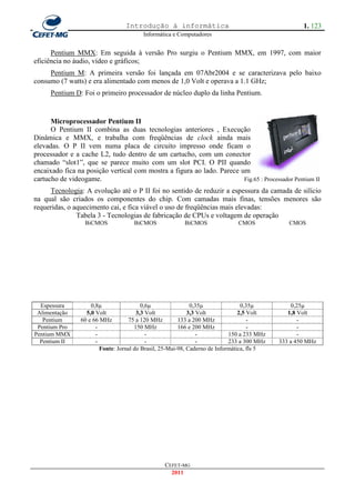 Introdução à informática                                           1. 123
                                         Informática e Computadores


      Pentium MMX: Em seguida à versão Pro surgiu o Pentium MMX, em 1997, com maior
eficiência no áudio, vídeo e gráficos;
     Pentium M: A primeira versão foi lançada em 07Abr2004 e se caracterizava pelo baixo
consumo (7 watts) e era alimentado com menos de 1,0 Volt e operava a 1.1 GHz;
      Pentium D: Foi o primeiro processador de núcleo duplo da linha Pentium.


      Microprocessador Pentium II
      O Pentium II combina as duas tecnologias anteriores , Execução
Dinâmica e MMX, e trabalha com freqüências de clock ainda mais
elevadas. O P II vem numa placa de circuito impresso onde ficam o
processador e a cache L2, tudo dentro de um cartucho, com um conector
chamado ―slot1‖, que se parece muito com um slot PCI. O PII quando
encaixado fica na posição vertical com mostra a figura ao lado. Parece um
cartucho de videogame.                                                  Fig.65 : Processador Pentium II
     Tecnologia: A evolução até o P II foi no sentido de reduzir a espessura da camada de silício
na qual são criados os componentes do chip. Com camadas mais finas, tensões menores são
requeridas, o aquecimento cai, e fica viável o uso de freqüências mais elevadas:
               Tabela 3 - Tecnologias de fabricação de CPUs e voltagem de operação
               T BiCMOS                BiCMOS               BiCMOS               CMOS           CMOS
               e
               c
               n
               o
               l
               o
               g
               i
               a
               >
               >
  Espessura          0,8µ                 0,6µ                0,35µ               0,35µ          0,25µ
 Alimentação       5,0 Volt             3,3 Volt             3,3 Volt            2,5 Volt       1,8 Volt
   Pentium       60 e 66 MHz        75 a 120 MHz         133 a 200 MHz               -              -
 Pentium Pro           -               150 MHz           166 e 200 MHz               -              -
Pentium MMX            -                    -                    -           150 a 233 MHz          -
  Pentium II           -                    -                    -           233 a 300 MHz   333 a 450 MHz
                         Fonte: Jornal do Brasil, 25-Mai-98, Caderno de Informática, fls 5




                                                 CEFET-MG
                                                   2011
 
