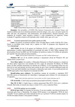 Introdução à informática                                                  1. 23
                                             Informática e Computadores


                 Item                              X-Box                            PlayStation2
       Memória de massa                    DVD 4x e HD de 8 GB                         DVD 2x
                                               Cartão de 8 MB                      Cartão de 8 MB
       Entrada e Saída de dados        USB com 4 conectores p/ joystick    USB com 2 conectores p/ joystick
                                         placa Ethernet 10/100 Mb/s             IEEE 1394 (Firewire)
                                                                                      PCMCIA
       Banda Larga (suporte)                          Sim                          Futuro upgrade
       Modem (suporte)                              Opcional                             Não
       Canais de áudio                                 64                                 48
       Áudio em 3D (suporte)                          Sim                                Não
       HDTV (suporte)                                 Sim                              Limitado
            Fonte: Jornal do Brasil; Quinta feira; 16 de março, ano 2000, Caderno de Informática; pg. 4
      Domínios: Em novembro, o ICANN (The Internet Corporation for Assigned Names and
Numbers) definia sete novos domínios primários alem dos antigos .com, .org e .net, para vigorar em
2001. São eles: .biz (negócios), .info (informação), .pro (profissionais), .museum (museus), .aero
(indústria de aviação), .name (usuários comuns) e .coop (cooperativas de negócios). Foram
avaliadas 47 sugestões e dentre as 40 rejeitadas estão: .health, .kids, .geo, .tel e .sex.

2001      O sistema operacional Linux ganha suporte ao USB
     Linux: Em janeiro, na primeira semana, Linus Torvalds libera a versão 2.4.Ø do S.O. Linux.
Dentre as novidades desta versão está o suporte ao USB. O programa está disponível em
―www.kernel.org‖.
      ASCI White: No dia 15 de agosto, na Califórnia, EE.UU., a IBM e o governo americano
apresentaram o melhor supercomputador já construído até então. O ASCI White emprega 8192
processadores Power3 da IBM, tem 160 TeraBytes de memória e realiza 12,3 trilhões de operações
por segundo. Ele será usado em testes nucleares.
               Fonte: Jornal do Brasil; Quinta feira; 16 de agosto, ano 2001, Caderno Internet; pg. 3
     Windows XP: Em 25 de outubro aconteceu o lançamento oficial do Windows XP, nas
edições home e professional.
      Novo Disco óptico: Em outubro, a Matsushita (Panasonic no Brasil) anunciava a criação de
um disco óptico regravável, com tamanho de CD e capaz de armazenar 50 GBytes. Os DVDs
atuais, de duas camadas armazenam um máximo de 8 GBytes. A nova tecnologia utiliza um raio
laser de cor azul, que permite um feixe mais estreito do que o laser vermelho tradicional usado até
hoje. O raio azul pode trabalhar com elevações e depressões mais curtas. A nova mídia permite até
10.000 regravações e ficou disponível no mercado em 2003.
      BroadCasting para celulares: Na penúltima semana de novembro a operadora NTT
DoCoMo iniciou as transmissões de videoclipes e reportagens para celulares 3G, com duração de
15 segundos.
              Fonte: Folha de São Paulo; Quarta feira; 21 de novembro, ano 2001, Caderno Informática; pg. F8

     CPU de 64 bits: A Intel Lança seu primeiro processador de 64 bits, o Itanium.
     Mac OS X 10.0: A Apple lança o sistema operacional Mac OS X 10.0 com o codinome
Cheetah. Mais tarde, no mesmo ano, lança a versão X 10.1, com o codinome Puma.

2002      Os DVDs ganham um novo padrão
     DVD de laser azul: Foi lançado em fevereiro. É um novo padrão, cujo desenvolvimento foi
anunciado pela Sony e Matsushita. Os antigos DVD passam a ser designados ―DVD de laser
vermelho‖ O novo padrão está sendo chamado de blu-ray e promete 27 GB em camada simples ou
50 GB com dupla camada. É uma grande evolução!

                                                       CEFET-MG
                                                         2011
 