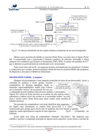 Introdução à informática                                                             1. 37
                                                   Informática e Computadores


                                                                                                           O sistema trabalha com o
                                                                                                           que estiver aqui: executa,
                                                                                                            altera, apaga, busca, ...
                                             FSB : 10,6 GB/s
                                                                  ║
                                                                 Ponte                        - RAM -
                                                                                       É a memória de trabalho
                                                                 Norte
                                                                  ║               Aqui é colocada uma copia do S.O.
                                                               ( MCH )            e de todo programa que for aberto.
 Conjunto de programas
  gravados em fabrica                                                       DMI : 2,0 GB/s

                                - ROM -                         Ponte                         - HD -
                        É uma pequena biblioteca                  ║
                                                                  Sul                 É uma grande biblioteca
                       Guarda as rotinas automáticas                                 Guarda todos os programas,
                         Post+Setup+BIOS+Boot                     ║
                                                               ( ICH )                    inclusive o S.O.

                                                                   ║
 O acervo é instalado aqui pelo usuário, a partir de algum periférico (ex.: CD)
                ou de um arquivo ou mesmo direto da Internet


      Fig.27 : O software distribuído em três regiões distintas no hardware de um microcomputador


      Observe que a memória de trabalho se conecta à Ponte Norte e as outras duas se ligam à Ponte
Sul. A comunicação com o processador é bastante complexa, de altíssima velocidade e utiliza
inúmeros fios condutores que formam os barramentos FSB e DMI. As pontes são pastilhas de CI14
que se dedicam ao gerenciamento da comunicação com o processador.
      Pode existir mais soft no PC, em pequenas porções, principalmente nos periféricos. O plotter
e a impressora, por exemplo, possuem pequenas rotinas de teste em memória ROM. São programas
de diagnostico, úteis para o trabalho de manutenção.

MICROCOMPUTADOR: A máquina
      Qualquer microcomputador é uma máquina construída em torno de um processador. Assim, a
variedade de modelos é muito grande. Existem
                                                           O processador
computadores de diversos tamanhos, desde os            está na placa mãe que
chamados supercomputadores usados pela Ciência,       está dentro do gabinete
até os chamados ―micros‖ de uso pessoal. Por sua vez,
o computador pessoal também exibe diversos modelos e sub-modelos.
Alguns PCs cabem no bolso (pocket) ou na palma da mão (palm); outros
substituem o caderno (note) nas escolas ou se acomodam melhor ―no colo‖
(lap) e muitos outros foram feitos para serem usados numa mesinha de
trabalho (desktop).
      No mercado dos computadores você pode identificar dois segmentos,
um ligado mais diretamente ao usuário final (front-end), e o outro,
caracterizado pelo grande porte (back-end). O segmento back-end atende as grandes
empresas, sendo especialmente exigente no item segurança.          Fig.28 : Computador em
Gabinete
      Existe ainda uma classe de computadores chamados ―Servidores‖. São maquinas cujo
trabalho é auxiliar o computador principal em alguma tarefa especifica. Assim temos o servidor de


14
     Circuito Integrado (CI) é um circuito eletronico construido em escala microscópica em uma pastilha (chip)
                                                          CEFET-MG
                                                             2011
 
