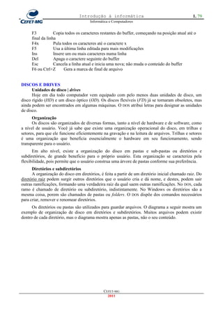 Introdução à informática                                        1. 79
                                      Informática e Computadores


     F3           Copia todos os caracteres restantes do buffer, começando na posição atual até o
     final da linha
     F4x          Pula todos os caracteres até o caractere x
     F5           Usa a última linha editada para mais modificações
     Ins          Insere um ou mais caracteres numa linha
     Del          Apaga o caractere seguinte do buffer
     Esc          Cancela a linha atual e inicia uma nova; não muda o conteúdo do buffer
     F6 ou Ctrl+Z       Gera a marca de final de arquivo


DISCOS E DRIVES
      Unidades de disco | drives
      Hoje em dia todo computador vem equipado com pelo menos duas unidades de disco, um
disco rígido (HD) e um disco óptico (OD). Os discos flexíveis (FD) já se tornaram obsoletos, mas
ainda podem ser encontrados em algumas máquinas. O DOS atribui letras para designar as unidades
de disco.
      Organização
      Os discos são organizados de diversas formas, tanto a nível de hardware e de software, como
a nível de usuário. Você já sabe que existe uma organização operacional do disco, em trilhas e
setores, para que ele funcione eficientemente na gravação e na leitura de arquivos. Trilhas e setores
é uma organização que beneficia essencialmente o hardware em seu funcionamento, sendo
transparente para o usuário.
      Em alto nível, existe a organização do disco em pastas e sub-pastas ou diretórios e
subdiretórios, de grande beneficio para o próprio usuário. Esta organização se caracteriza pela
flexibilidade, pois permite que o usuário construa uma árvore de pastas conforme sua preferência.
      Diretórios e subdiretórios
      A organização do disco em diretórios, é feita a partir de um diretório inicial chamado raiz. Do
diretório raiz podem surgir outros diretórios que o usuário cria e dá nome, e destes, podem sair
outras ramificações, formando uma verdadeira raiz da qual saem outras ramificações. No DOS, cada
ramo é chamado de diretório ou subdiretório, indistintamente. No Windows os diretórios são a
mesma coisa, porem são chamados de pastas ou folders. O DOS dispõe dos comandos necessários
para criar, remover e renomear diretórios.
      Os diretórios ou pastas são utilizados para guardar arquivos. O diagrama a seguir mostra um
exemplo de organização de disco em diretórios e subdiretórios. Muitos arquivos podem existir
dentro de cada diretório, mas o diagrama mostra apenas as pastas, não o seu conteúdo.




                                              CEFET-MG
                                                2011
 