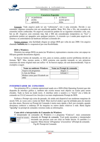 Introdução à informática                                     1. 81
                                     Informática e Computadores


                                      Caracteres Especiais
                    ( )   os parênteses             { } as chaves
                    @     arroba                    `      acento grave
                    „     apóstrofe                 -      hifen

      Extensão: Todo arquivo pode ter um ―sobrenome‖, isto é uma extensão. Devido o uso
constante, algumas extensões tem um significado padrão. Bmp, Wri, Doc e Xls, são exemplos de
extensões muito conhecidas. Os arquivos executáveis podem ter as seguintes extensões: com, exe,
bat ou dll. Arquivos com extensão tmp, bak e $$$ são considerados temporários ou ―lixo‖ e
geralmente podem ser apagados sem qualquer prejuízo. A extensão sys é usada para arquivos de
sistema e os controladores de hardware utilizam a extensão drv.
    Nomes extensos: esta facilidade chegou ao antigo DOS por volta do ano 2000. Um arquivo
chamado Sulfnbk.exe é o responsável por esta flexibilidade.

    DOS x Windows
    Diretório (no antigo DOS) ou pasta (no Windows), representam a mesma coisa: um espaço no
HD para guardar documentos digitais.
      Se houver limites de tamanho, no DOS, para os nomes, podem ocorrer problemas devido ao
formato ―8.3‖. Mas, mesmo assim, o DOS contorna esta questão tomando os seis primeiros
caracteres do nome original mais um sufixo ~1. Se houver espaço, ele será desconsiderado. Veja os
exemplos a seguir.
               Nome no ambiente Windows            Nome no Prompt de comando
              Arquivo de programas                          Arquiv~1
              A Arte de Minas                              AArted~1
              Minhas cartas para Elizabeth em
              2002



INTERPRETADOR DE COMANDOS
      Nos primeiros PCs, o sistema operacional usado era o DOS (Disk Operating System) que não
dispunha de interface gráfica e, tambem não existia mouse nem objetos ou ícones para serem
clicados. Tudo se fazia no modo texto. A interface entre o usuário e o ―micro‖ era a linha de
comando ou CLI (Command-Line Interface) ou mais simplesmente Prompt do DOS.
      Embora o Prompt seja coisa do passado, ele ainda está disponível nas modernas maquinas do
século XXI, às vezes com o nome de Shell. Mais incrível ainda é que há utilidade para ele mesmo
nos dias atuais. Recorrer ao Prompt de Comando é muito mais rápido e fácil, por exemplo, quando
desejamos conhecer o endereço IP da maquina ou outros dados relativos à rede. Basta digitar
―ipconfig‖ no prompt de comando e teremos todas as informações.
 i

     Como abrir o interpretador de Comandos do Windows
     O interpretador de comandos do Windows é o programa ―Cmd.exe‖, mais comumente
                        chamado de Prompt de comando. Você pode encontrar o interpretador
                        iniciando sua procura com um click no botão Iniciar. O caminho é o
                        seguinte: Menu Iniciar Programas Acessórios Prompt de comando.
                           Fig.40: Prompt de Comando


                                             CEFET-MG
                                               2011
 