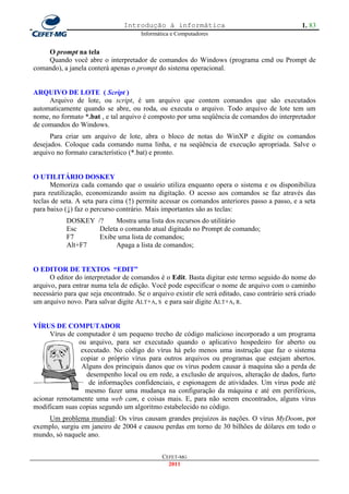 Introdução à informática                                         1. 83
                                      Informática e Computadores


    O prompt na tela
    Quando você abre o interpretador de comandos do Windows (programa cmd ou Prompt de
comando), a janela conterá apenas o prompt do sistema operacional.


ARQUIVO DE LOTE ( Script )
     Arquivo de lote, ou script, é um arquivo que contem comandos que são executados
automaticamente quando se abre, ou roda, ou executa o arquivo. Todo arquivo de lote tem um
nome, no formato *.bat , e tal arquivo é composto por uma seqüência de comandos do interpretador
de comandos do Windows.
      Para criar um arquivo de lote, abra o bloco de notas do WinXP e digite os comandos
desejados. Coloque cada comando numa linha, e na seqüência de execução apropriada. Salve o
arquivo no formato característico (*.bat) e pronto.


O UTILITÁRIO DOSKEY
      Memoriza cada comando que o usuário utiliza enquanto opera o sistema e os disponibiliza
para reutilização, economizando assim na digitação. O acesso aos comandos se faz através das
teclas de seta. A seta para cima (↑) permite acessar os comandos anteriores passo a passo, e a seta
para baixo (↓) faz o percurso contrário. Mais importantes são as teclas:
            DOSKEY /?    Mostra uma lista dos recursos do utilitário
            Esc     Deleta o comando atual digitado no Prompt de comando;
            F7      Exibe uma lista de comandos;
            Alt+F7       Apaga a lista de comandos;


O EDITOR DE TEXTOS “EDIT”
      O editor do interpretador de comandos é o Edit. Basta digitar este termo seguido do nome do
arquivo, para entrar numa tela de edição. Você pode especificar o nome de arquivo com o caminho
necessário para que seja encontrado. Se o arquivo existir ele será editado, caso contrário será criado
um arquivo novo. Para salvar digite ALT+A, S e para sair digite ALT+A, R.


VÍRUS DE COMPUTADOR
     Vírus de computador é um pequeno trecho de código malicioso incorporado a um programa
               ou arquivo, para ser executado quando o aplicativo hospedeiro for aberto ou
               executado. No código do vírus há pelo menos uma instrução que faz o sistema
               copiar o próprio vírus para outros arquivos ou programas que estejam abertos.
                Alguns dos principais danos que os vírus podem causar à maquina são a perda de
                 desempenho local ou em rede, a exclusão de arquivos, alteração de dados, furto
                  de informações confidenciais, e espionagem de atividades. Um vírus pode até
                 mesmo fazer uma mudança na configuração da máquina e até em periféricos,
acionar remotamente uma web cam, e coisas mais. E, para não serem encontrados, alguns vírus
modificam suas copias segundo um algoritmo estabelecido no código.
    Um problema mundial: Os vírus causam grandes prejuízos às nações. O vírus MyDoom, por
exemplo, surgiu em janeiro de 2004 e causou perdas em torno de 30 bilhões de dólares em todo o
mundo, só naquele ano.


                                              CEFET-MG
                                                2011
 