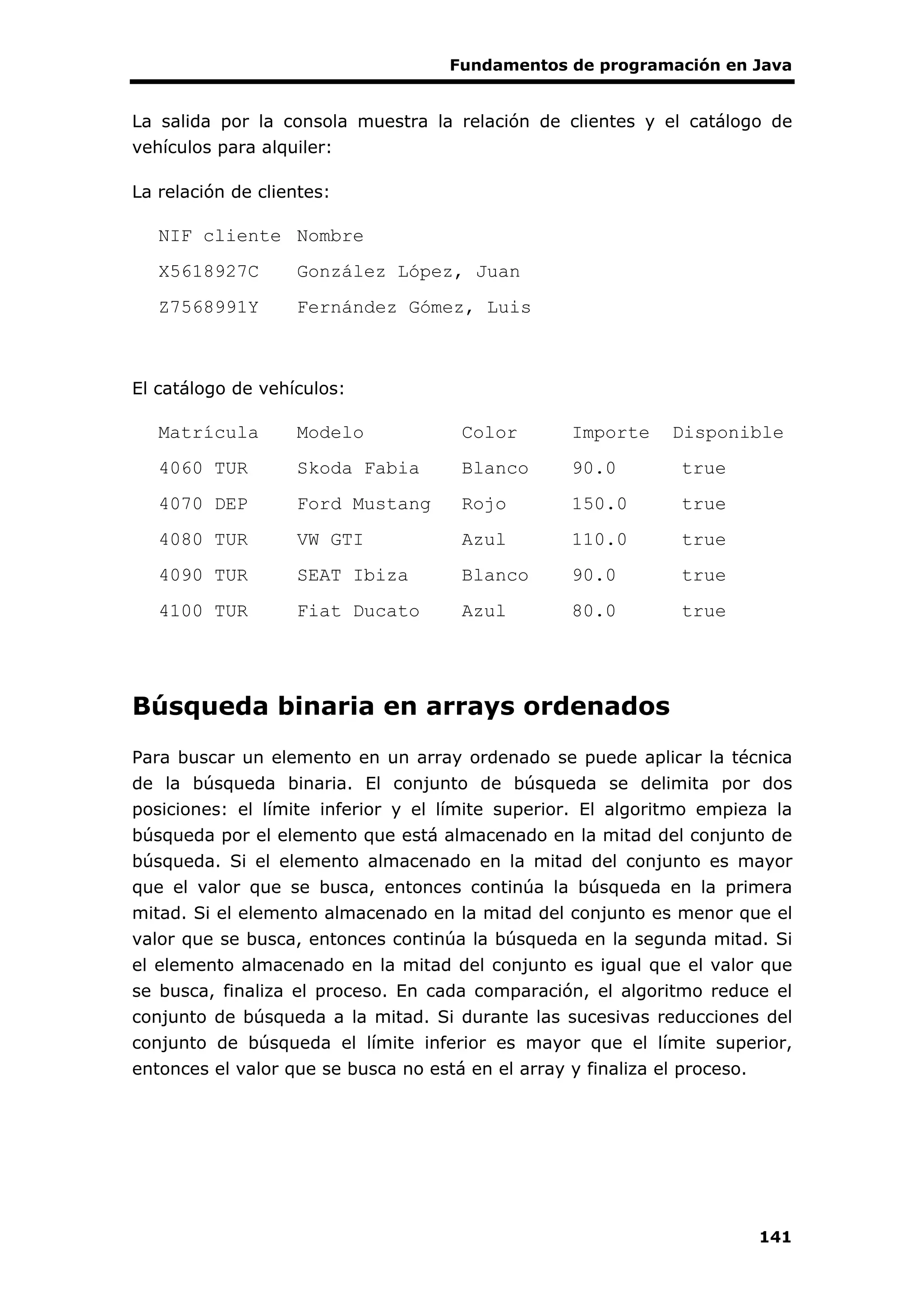 Fundamentos de programación en Java
141
La salida por la consola muestra la relación de clientes y el catálogo de
vehículos para alquiler:
La relación de clientes:
NIF cliente Nombre
X5618927C González López, Juan
Z7568991Y Fernández Gómez, Luis
El catálogo de vehículos:
Matrícula Modelo Color Importe Disponible
4060 TUR Skoda Fabia Blanco 90.0 true
4070 DEP Ford Mustang Rojo 150.0 true
4080 TUR VW GTI Azul 110.0 true
4090 TUR SEAT Ibiza Blanco 90.0 true
4100 TUR Fiat Ducato Azul 80.0 true
Búsqueda binaria en arrays ordenados
Para buscar un elemento en un array ordenado se puede aplicar la técnica
de la búsqueda binaria. El conjunto de búsqueda se delimita por dos
posiciones: el límite inferior y el límite superior. El algoritmo empieza la
búsqueda por el elemento que está almacenado en la mitad del conjunto de
búsqueda. Si el elemento almacenado en la mitad del conjunto es mayor
que el valor que se busca, entonces continúa la búsqueda en la primera
mitad. Si el elemento almacenado en la mitad del conjunto es menor que el
valor que se busca, entonces continúa la búsqueda en la segunda mitad. Si
el elemento almacenado en la mitad del conjunto es igual que el valor que
se busca, finaliza el proceso. En cada comparación, el algoritmo reduce el
conjunto de búsqueda a la mitad. Si durante las sucesivas reducciones del
conjunto de búsqueda el límite inferior es mayor que el límite superior,
entonces el valor que se busca no está en el array y finaliza el proceso.
 