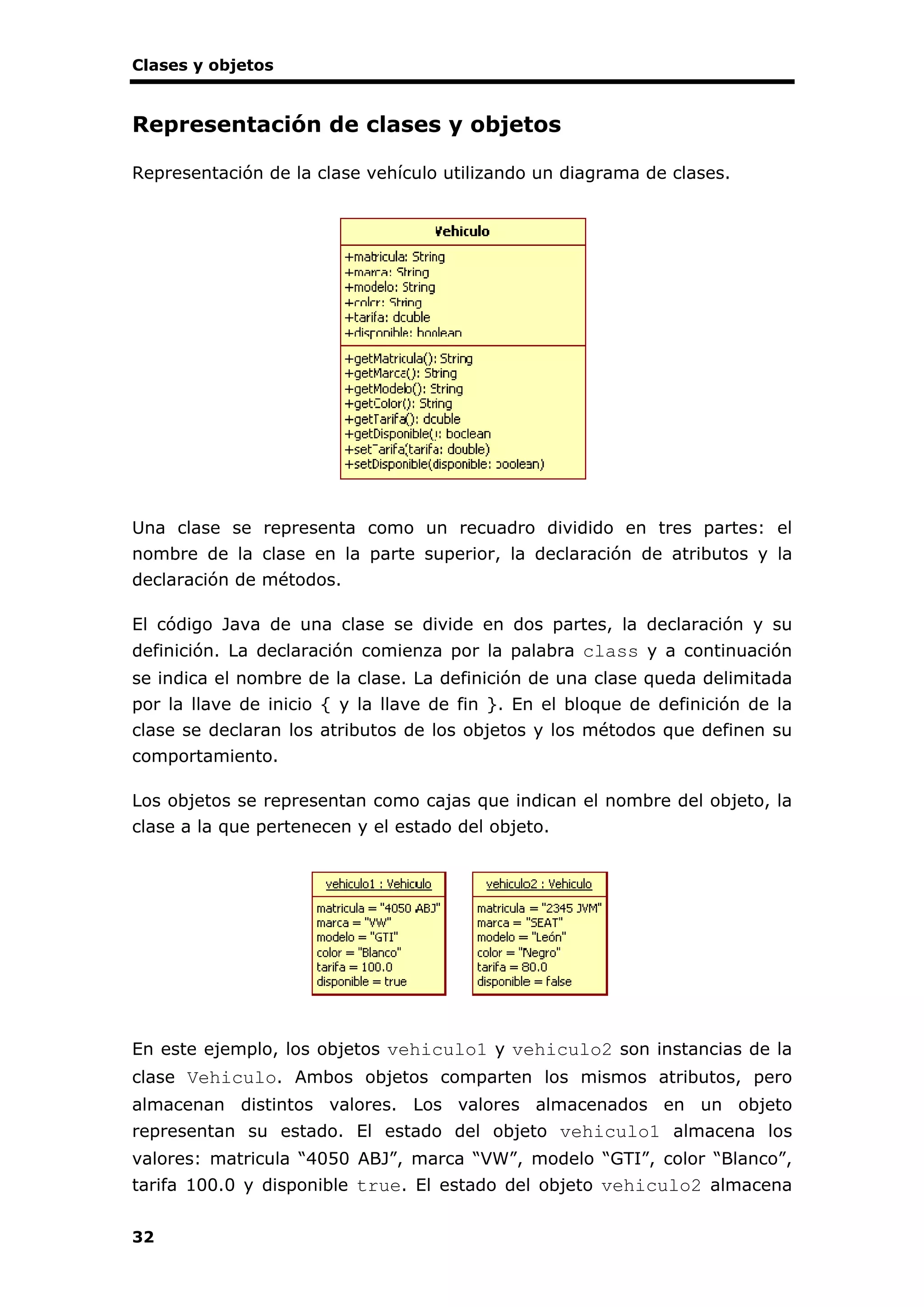 Clases y objetos
32
Representación de clases y objetos
Representación de la clase vehículo utilizando un diagrama de clases.
Una clase se representa como un recuadro dividido en tres partes: el
nombre de la clase en la parte superior, la declaración de atributos y la
declaración de métodos.
El código Java de una clase se divide en dos partes, la declaración y su
definición. La declaración comienza por la palabra class y a continuación
se indica el nombre de la clase. La definición de una clase queda delimitada
por la llave de inicio { y la llave de fin }. En el bloque de definición de la
clase se declaran los atributos de los objetos y los métodos que definen su
comportamiento.
Los objetos se representan como cajas que indican el nombre del objeto, la
clase a la que pertenecen y el estado del objeto.
En este ejemplo, los objetos vehiculo1 y vehiculo2 son instancias de la
clase Vehiculo. Ambos objetos comparten los mismos atributos, pero
almacenan distintos valores. Los valores almacenados en un objeto
representan su estado. El estado del objeto vehiculo1 almacena los
valores: matricula “4050 ABJ”, marca “VW”, modelo “GTI”, color “Blanco”,
tarifa 100.0 y disponible true. El estado del objeto vehiculo2 almacena
 